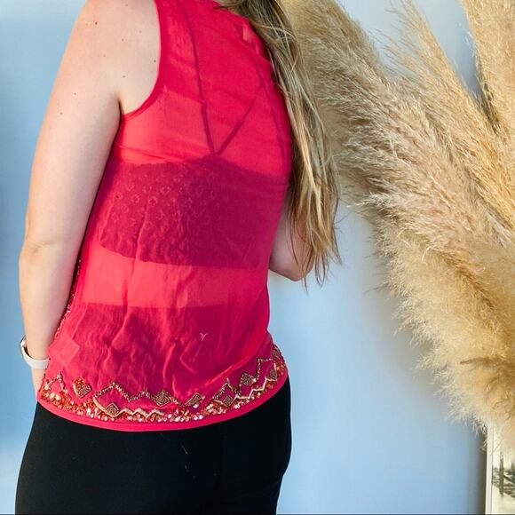ANTHROPOLOGIE Moulinette Soeurs Pink Red Sequin Sheer Tank Top Blouse Shirt 4 - Picture 2 of 9